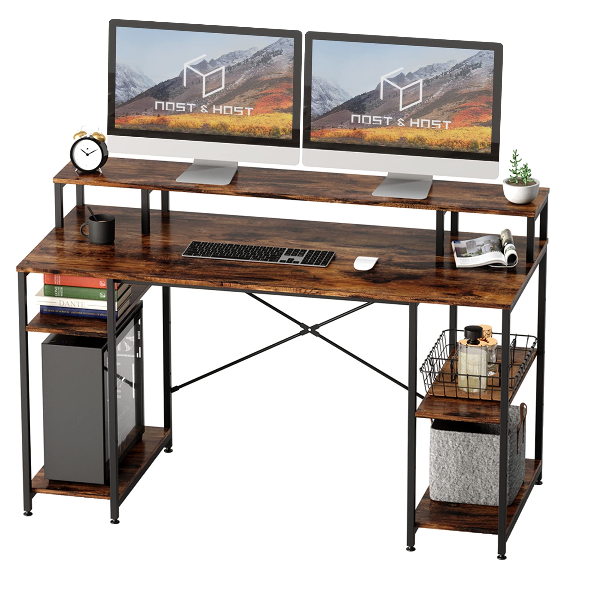 Nost & Host 55 Inch Dual Monitor Desk, Computer Desk with Monitor Shelf and Storage Shelves, 2-Tier Industrial Office Desk Sturdy Writing Gaming St...