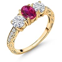 Gem Stone King 18K Yellow Gold Plated Silver 3-Stone Ring Oval Red Created Ruby and Moissanite (1.97 Cttw)