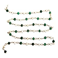 Emerald & Freshwater Pearl Stone Faceted & Pearl Smooth Rondelle Gemstone Beaded Rosary Chain by Foot For Jewelry Making - 24K Gold Plated Over Silver Handmade Wire Wrapped Bead Chain Necklaces