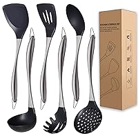 Kitchen Utensils Set, Large Non-stick Silicone Cooking Utensils Set 6 Pcs,Made of 446°F Heat Resistant Food Grade Silicone and Stainless Steel Handles,Easy to Clean Kitchen Gadgets Set (Silver)