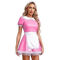 ACSUSS Womens Adult Latex Maid Outfit Halloween French Maid Cosplay Costume A-Line Apron Dress