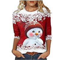 Christmas Shirts for Women Dressy Casual Novelty Xmas Snowman Print 3/4 Sleeve T-Shirts Trendy Santa Crewneck Tee Tops