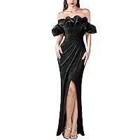 VFSHOW Womens Sexy Off Shoulder Puff Sleeve Ruched Prom Formal Maxi Dress 2023 Twist Front Tulip Faux Wrap Split Evening Gown