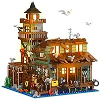 Fishing Village Store House Building Set with LED Light, 1845PCS Wood Cabin Mini Building Block Architecture Kit for Adults Boys Girls Ages 8+