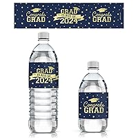 Graduation Party Water Bottle Labels Class of 2024 - Water Bottle Waterproof Wrappers - 24 Stickers (Gold Blue)