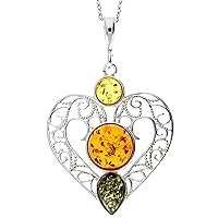 Genuine Baltic Amber & Sterling Silver Fancy Large Heart Pendant without Chain - M2005