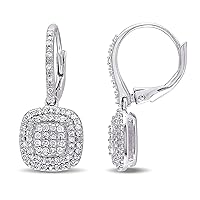 14k White Gold Plated Silver Round Simulated Diamond Square Halo Dangle Lever-back Earrings (0.75 Carat, D Color, VVS1 Clarity)