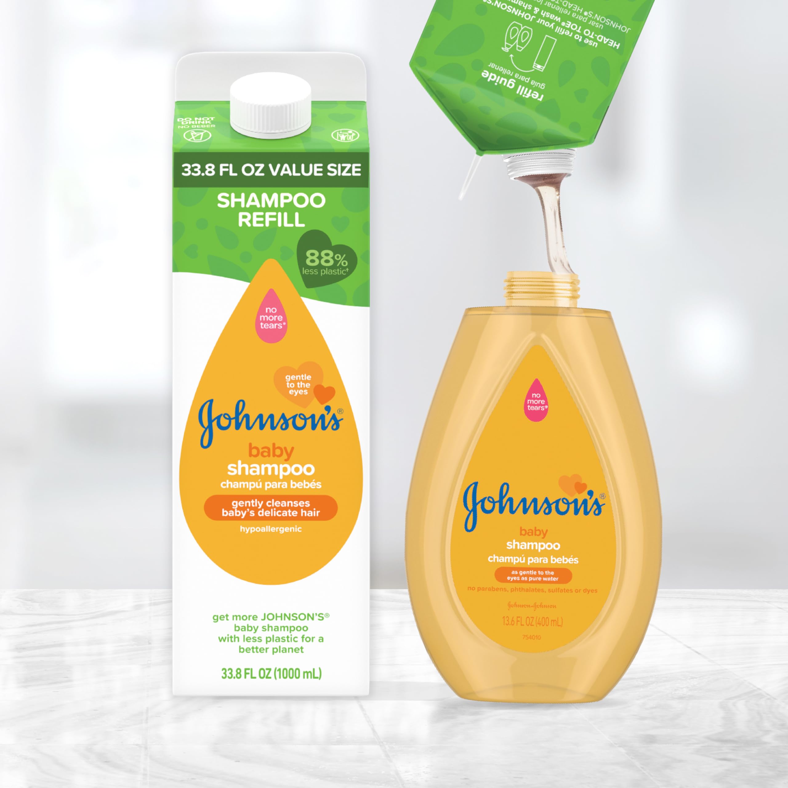 Johnson's Baby Shampoo, Hypoallergenic, Tear-Free Shampoo for Baby's Delicate Scalp & Skin, Gently Washes Away Dirt & Germs, Paraben-Free, Value Size Baby Shampoo Refill, 33.8 fl. oz