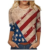 Womens 4Th of July Tshirt 3/4 Sleeve Tunic Tops America Tshirt Loose Crewneck Red White and Blue T-Shirt USA Blouse
