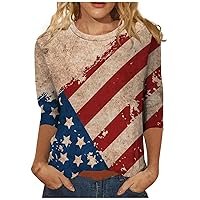 Women's Fashion Casual Seven-Point Sleeve Independence Day Print Round Neck Top Tops for Women 2024