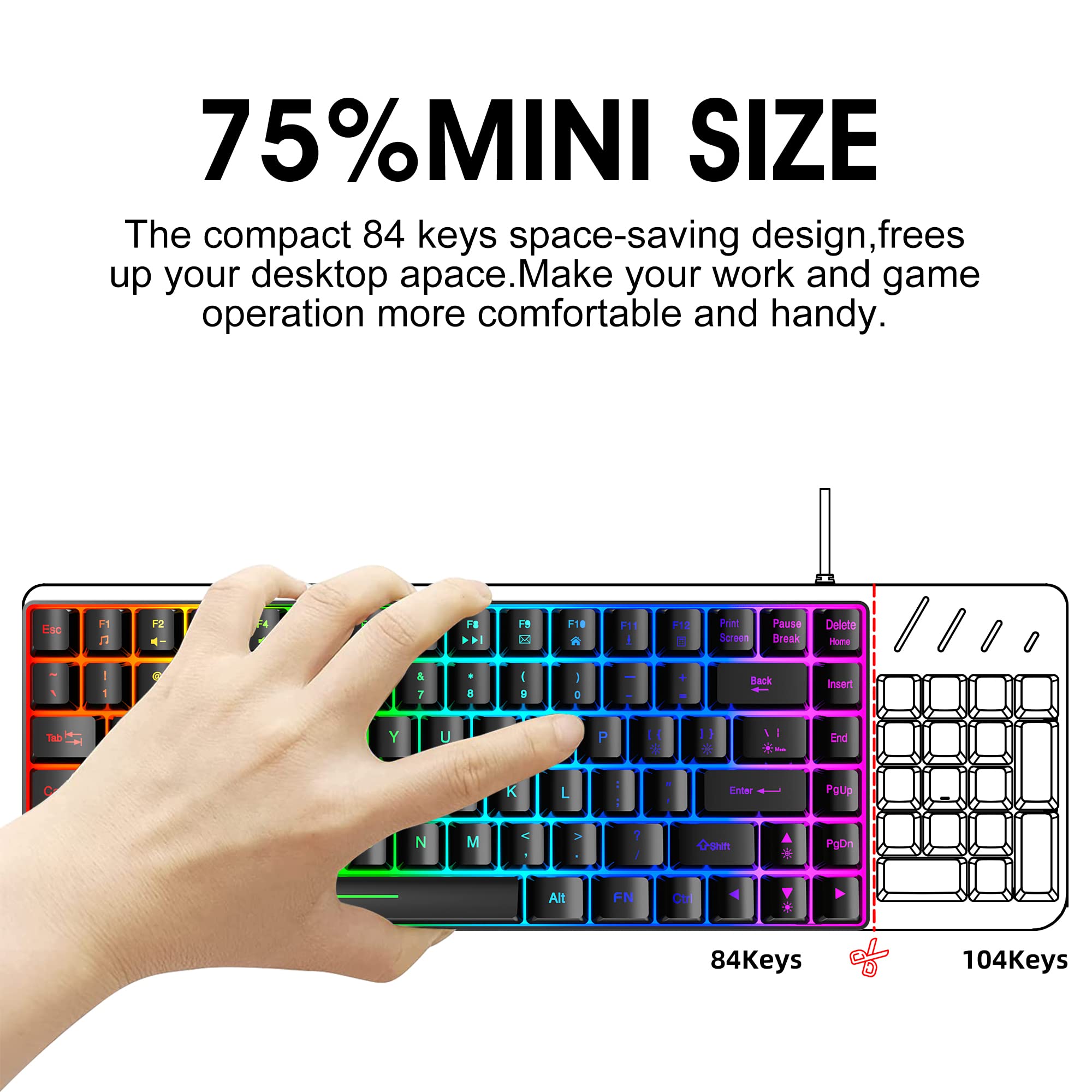 Snpurdiri Wired Gaming Keyboard, Rainbow Backlit Mini Gaming Keyboard, Compact Ergonomic Keyboard for Windows, PC, Laptop, Gaming (84 Keys, Black)