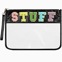 Chenille Letter Clear Zipper Pouch for Travel Preppy Stuff Bag Aesthetic Storage Organizer Pouches for Women with Glitter Patch Letters (Black-Stuff)