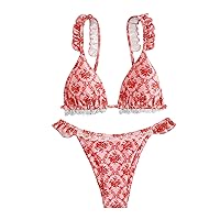 MakeMeChic Women's Floral Print 2 Piece Bikini Set Ruffle Trim Triangle High Cut Bikini Swimsuit Bathing Suit