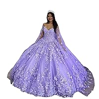 2024 Two Piece Cinderella Ball Gown Quinceanera Dresses with Cape Butterfly Lace Cold Shoulder