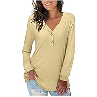 Button Womens Blouses Solid Color Shirt Long Sleeve Vneck Tee Tops Comfort Leisure Tunic Fall Spring Daily Cloth
