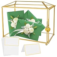 PLULON Gold Wedding Glass Card Box with 20 Pcs Place Cards Clear Gift Card Box with Lock and Slot Handmade Brass Geometric Terrarium for Wedding Reception