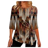 Women Summer 3/4 Sleeve Tops Retro Print Tops Irregular Hem Round Neck T Shirt Blouse Comfy Casual Loose Shirt