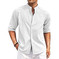COOFANDY Men's Casual Linen Shirts Cuban Guayabera Long Sleeve Beach Shirt Collarless Button Down T Shirts