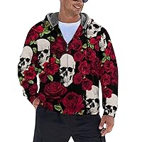 Rose Skull Winter Hoodie For Men Zippered Sweater Warm Sweatshirt Casual Fleece Jacket Coat