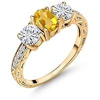 Gem Stone King 18K Yellow Gold Plated Silver 3-Stone Ring Oval Yellow Citrine and Moissanite (1.87 Cttw)