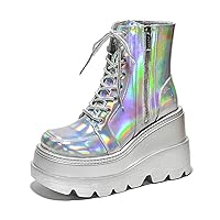 Cape Robbin Radio Holographic Platform Ankle Boots with Chunky Block Heels for Women