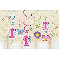 Amscan Foil Swirl Decorations | 1st Birthday Girl |Flowers and Butterflies Collection, 12 Pieces, Multicolor