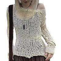 Women Hollow Out Crochet Tops Long Sleeve Argyle Sweater Pullover Knit Cover Up Top