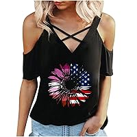 American Flag Sunflower T-Shirt for Women Deep V Neck Criss Cross Shirt Casual Cold Shoulder Blouse Patriotic Tops
