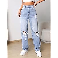 Jeans for Women Pants for Women Women's Jeans Slant Pocket Ripped Straight Leg Jeans (Color : Light Wash, Size : W27 L32)