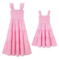 AWIBMK Mommy and Me Matching Dresses Plaid Midi Dress Summer Square Neck Ruffle Flowy Beach Mom Daughter Outfits