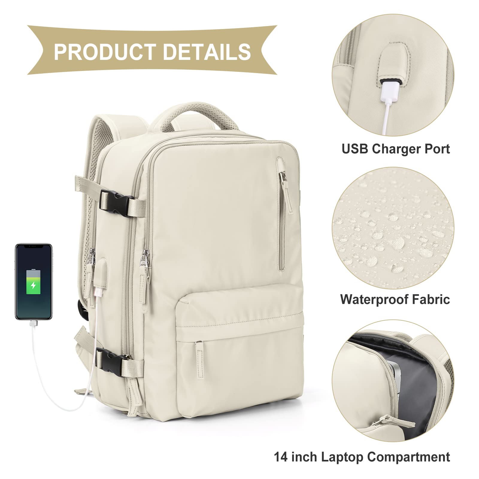 Large Travel Backpack Women, Carry On Backpack,Hiking Backpack Waterproof Outdoor Sports Rucksack Casual Daypack Fit 14 Inch Laptop with USB Charging Port Shoes Compartment, Beige