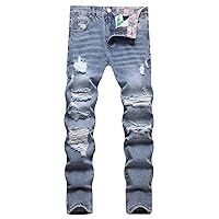 Mens Stars Printed Jeans Slim-Fit Skinny Denim Pants Stylish Trousers Zipper Button Jean Pants Stretch Long Pants