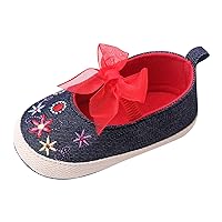 Hard Soled Baby Walking Shoes Summer Children Infant Walking Shoes Girls Sports Shoes Flat Bottom Non Slip Lightweight Slip On Comfortable Embroidery Flower Ribbon Baby Shoes Girl 12-18 Months Walking