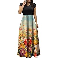 Vintage Dress for Women, Dresses for Teens Champagne Dress for Women Large Size Dress Womens Loose Ethnic Print Short Sleeve Classic Ladies Round Neck Floral Printting Trendy
