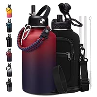 64OZ Stainless Steel Water Bottles - Half Gallon Water Bottle with Straw Lids, Reusable Vacuum Insulated Water Jug w/ Carrier Bag, Leak Proof Metal Waterbottle for Sports Gym Workout Travel Hiking