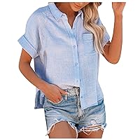 Women's Summer Tops Casual Fashion Cotton Linen Short Sleeve Lapel Button Down Shirt Top Shirts Trendy, S-5XL