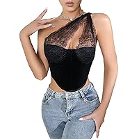 Velvet Corset for Women, Fashion One Shoulder Semi Sheer Lace Patchwork Fishbone Wrap Bustier Ladies Sexy Sleeveless Camisole