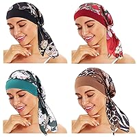 4 Pack Pre Tied Chemo Head Scarf, Beanie Skull Cover Cap for Headwraps Headwear Bandana for Hair Loss Women (Color Mix 4) Small-Large