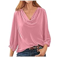 Women's Velvet Tops Casual 3/4 Sleeve T Shirts Solid Shirt Cowl Neck Drape Ruched Front Long Sleeve Blouses Tops