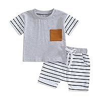 Multitrust Baby Boy 2PC Summer Outfits Patchwork Short Sleeve T Shirts and Elastic Waistband Shorts Toddler Boys Shorts Set