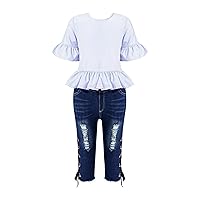 TiaoBug Kids Girls Ruffle Short Sleeve Stripe T-Shirt Top Blouse with Ripped Jeans Denim Pants Summer Clothes Set