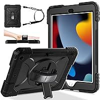 LTROP iPad 9th/8th/7th Generation Case, iPad 10.2 inch Case(2021/2020/2019) - Shockproof iPad Cover Case with Rotating Stand/Shoulder Hand Strap/Pen Holder for iPad 9/8/7 Gen, Black