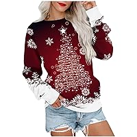 Women's Flannel Shirts Fashion Casual Long Sleeve Christmas Printing Round Neck Sweatshirt Pullover Top, S-3XL