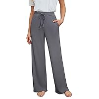DEARCASE Women's Casual Pajama Pants Waffle Knit Drawstring Waist Wide Leg Palazzo Lounge Pants with Pockets