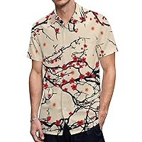 Japanese Style Cherry Blossom Men's Shirts Short Sleeve Hawaiian Shirt Beach Casual Work Shirt Tops