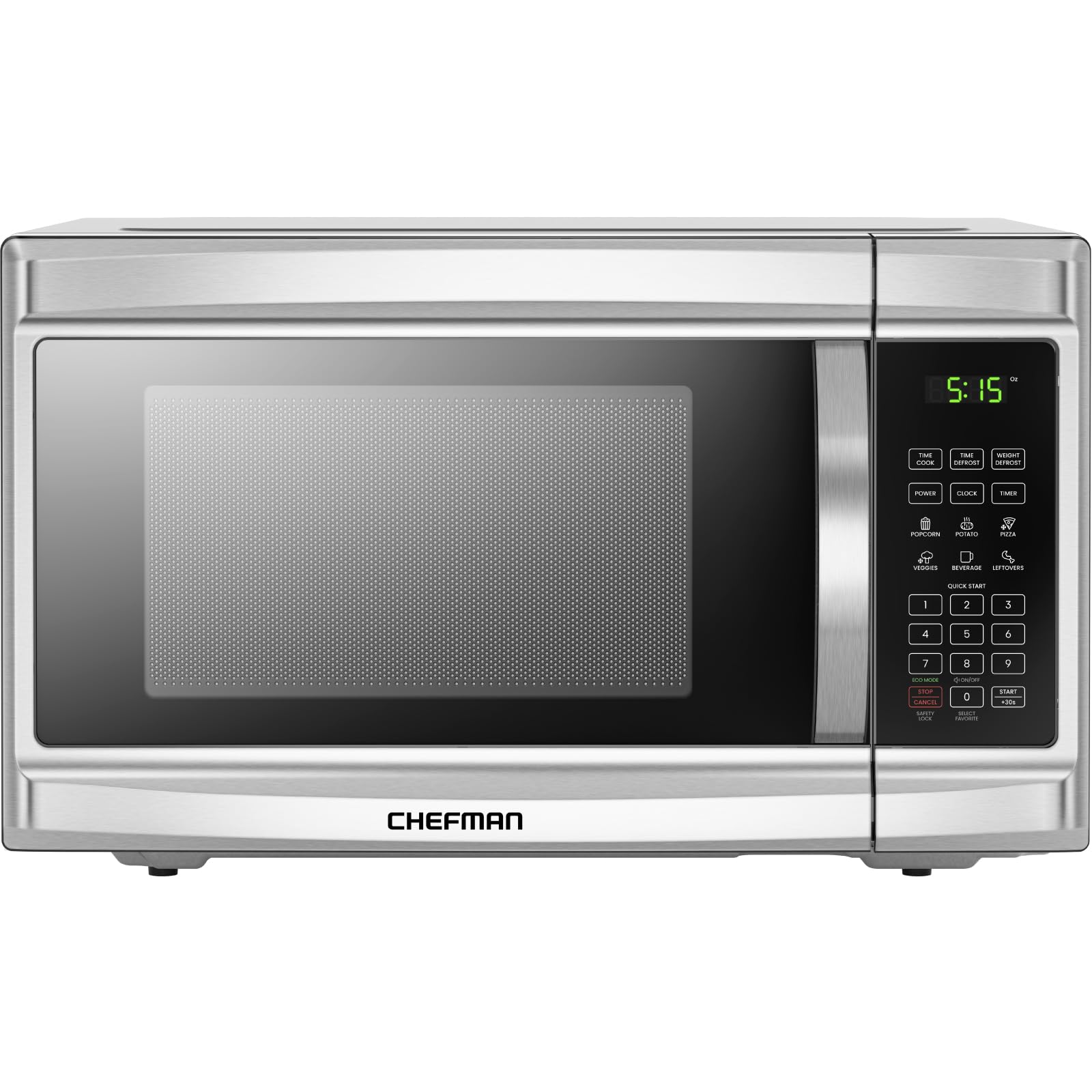 Chefman Countertop Microwave Oven, 1.3 Cu. Ft. Digital, Stainless Steel, 1000 Watts, with 6 Auto Menus, 10 Power Levels, Eco Mode, Memory, Mute Function, Child Safety Lock, Easy Clean Microwave Ovens