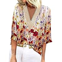 T Shirt for Women Active 3/4 Sleeve Shirts Lace V Neck Dressy Tops Trendy Summer Floral Blouses