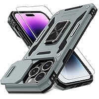 DEERLAMN for iPhone 14 Pro Max Case with Slide Camera Cover+Screen Protector(1 Pack),Rotated Ring Kickstand Military Grade Shockproof Protective Cover 6.7 Inch-Grey