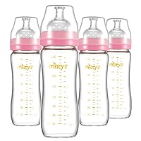 Glass Breastmilk Baby Feeding Bottle with Nipple, 4 Pack, 8 oz Slim and Light Bottle Easy to Hold, Food Grade Borosilicate Glass, Wide Neck Easy to Clean, BPA Free (Pink Lids)