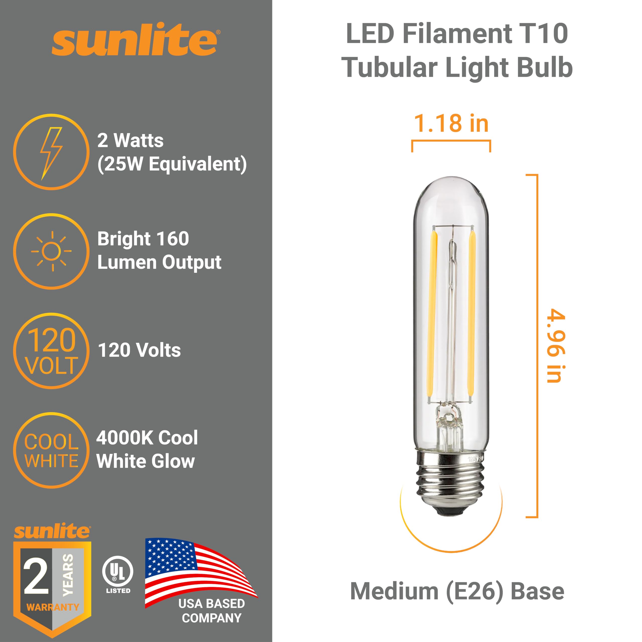 Sunlite LED Filament T10 Tubular Light Bulb, 2 Watts (25W Equivalent), 160 Lumens, Medium E26 Base, 120 Volts, Dimmable, 90 CRI, UL Listed, Clear, 4000K Cool White, 1 Pack